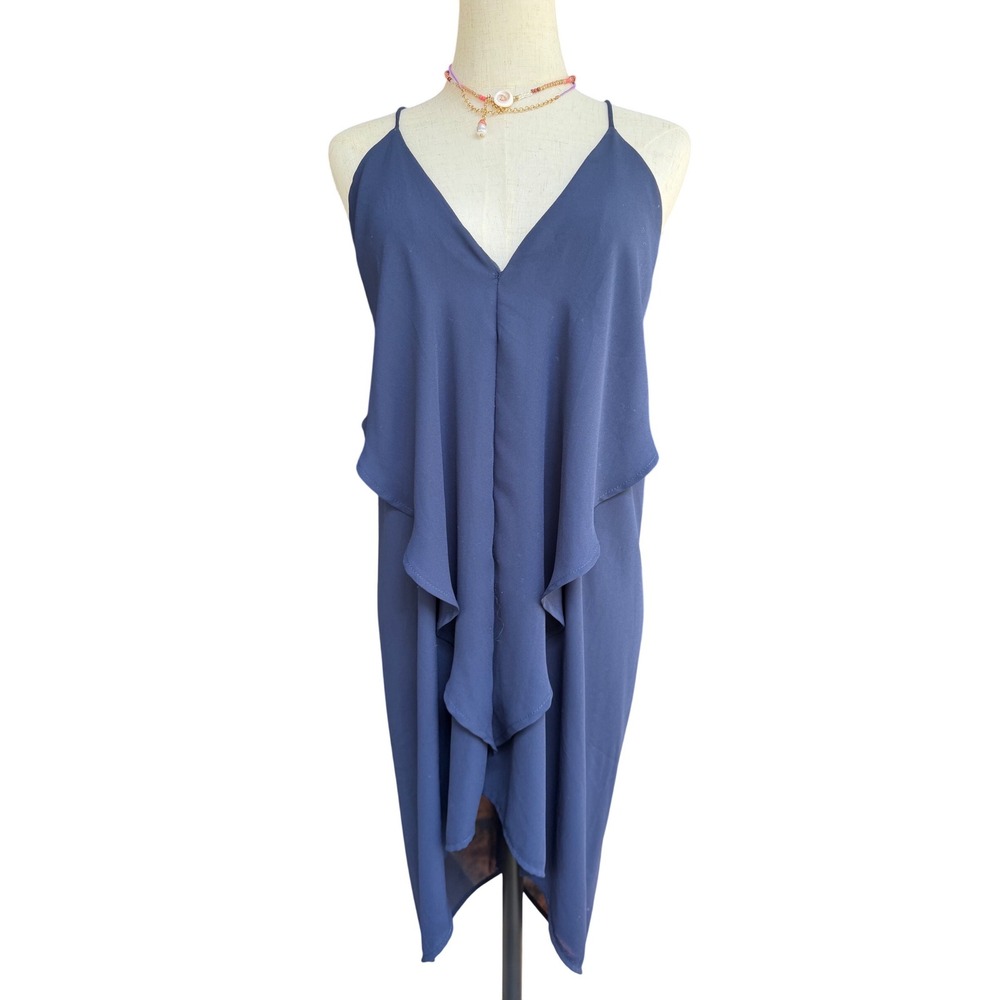 Daylight Navy Blue‎ Draped Ruffle High Low V-Neck Cocktail Dress Small